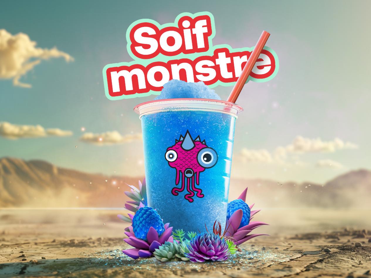 Blue slushie with straw in desert landscape.