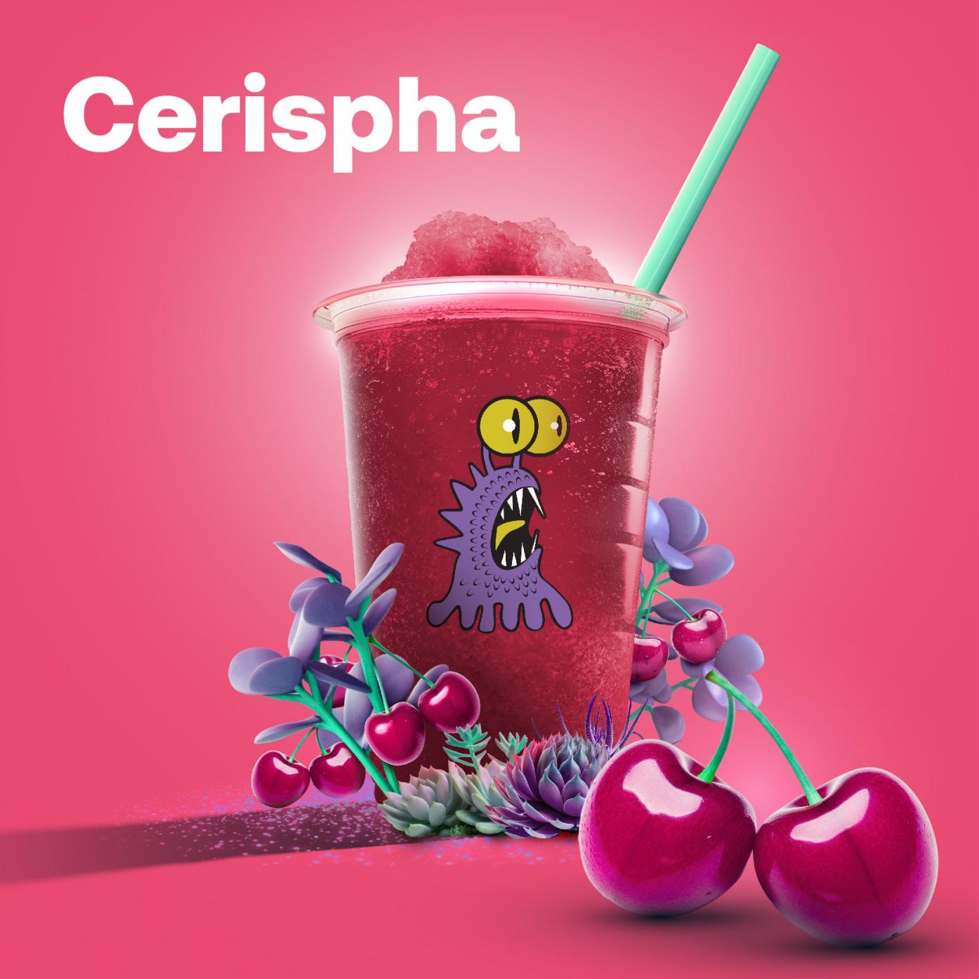 Cherry slushie with cartoon monster design.