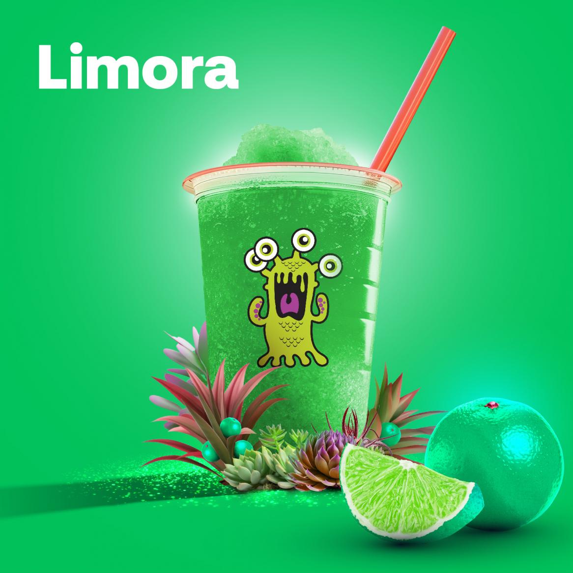 Limora green slush with cartoon monster design.