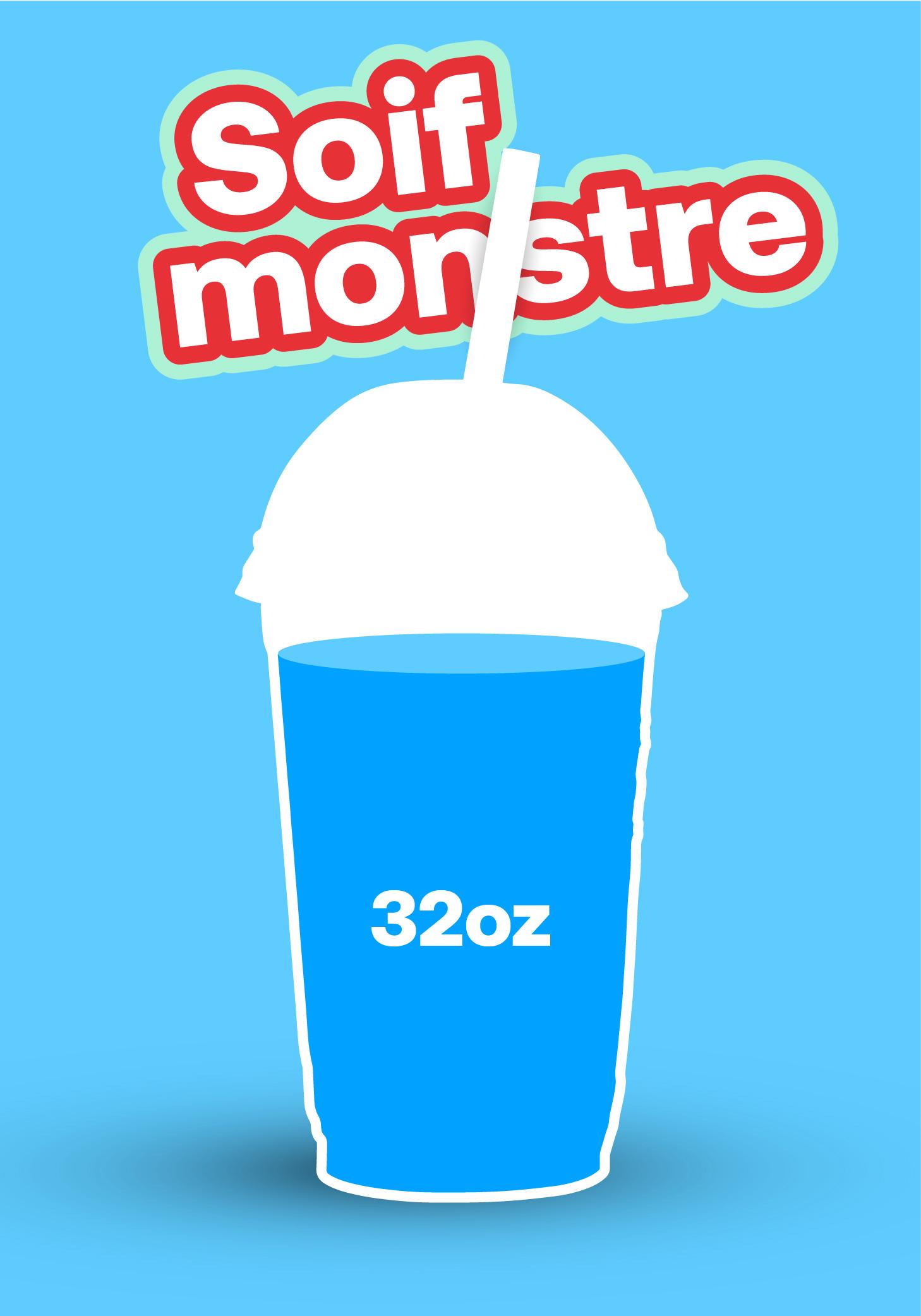 32oz blue drink with white straw, Soif Monstre