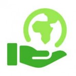 Green hand holding Earth symbol, Africa highlighted.