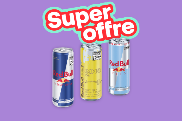 Trois canettes Red Bull avec mention Super offre